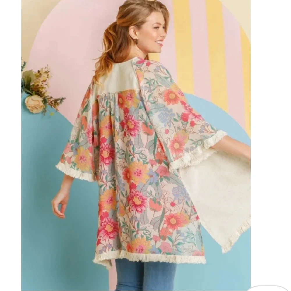 Umgee Coral Floral Kimono Duster Fringe Trim Boho Cardigan Size Small / Medium - Picture 11 of 13